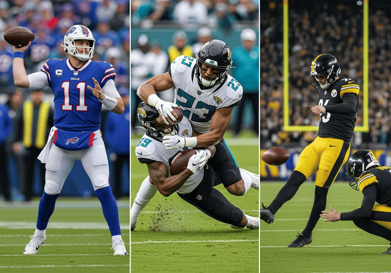NFL Week 1 Players of the Week - Josh Allen throwing a pass, Foyesade Oluokun making a defensive play, Chris Boswell kicking a field goal