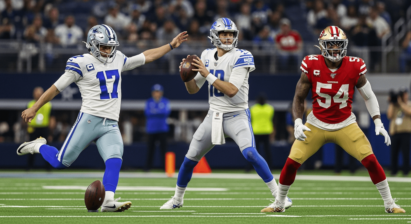 NFC Week 2 Players of the Week: Brandon Aubrey (Cowboys kicker) demonstrating precise right-leg kicking technique, alongside Jared Goff and Fred Warner