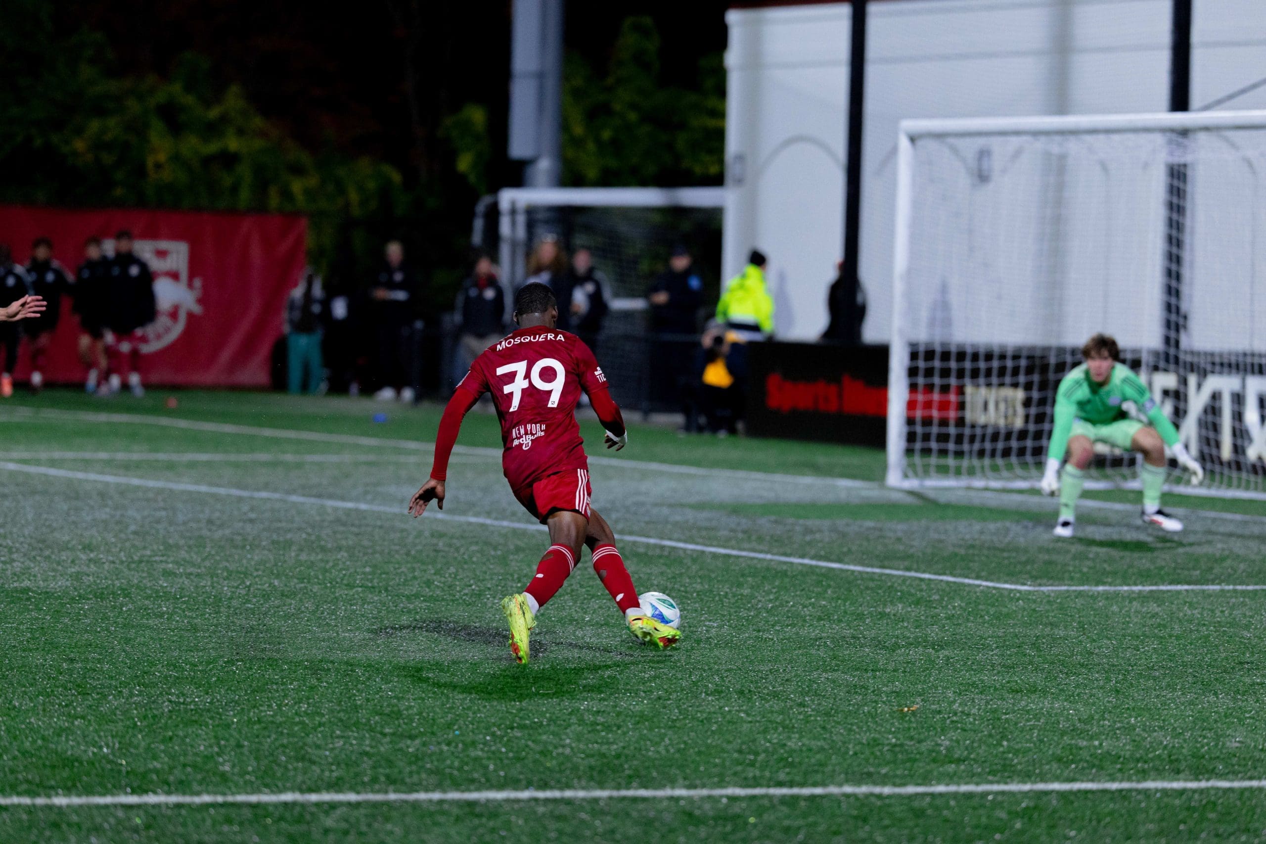 New York Red Bulls II midfielder Rafael Mosquera number 79 prepares to shoot on goal against Chicago Fire FC II goalkeeper during the 2025 MLS NEXT Pro Playoffs Eastern Conference Semifinal at MSU Soccer Park on October 26, 2025