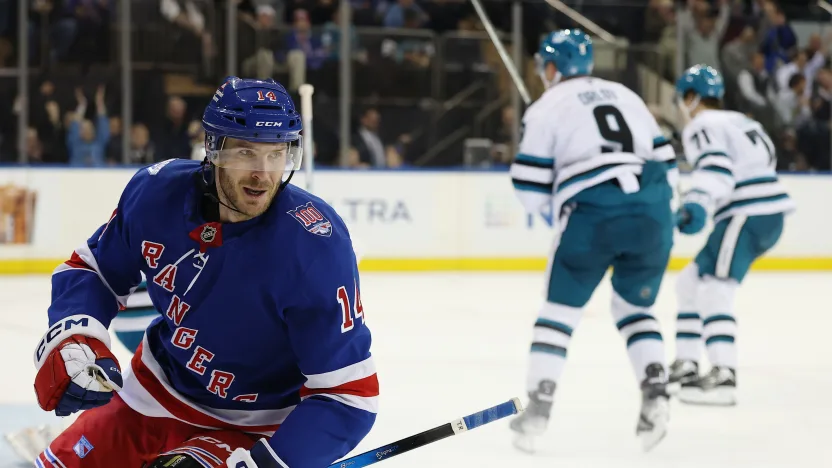 10/23/2025 Madison Square Garden, New York, NY Taylor Raddysh Scores a Hat Trick. Mandatory Credit: New York Rangers