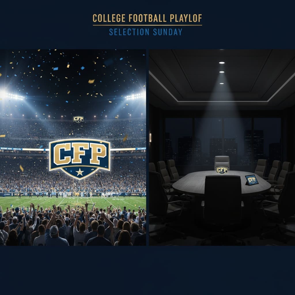 College Football Playoff committee meeting room with empty chair and stadium lights in background symbolizing Randall McDaniel's temporary departure from CFP Selection Committee