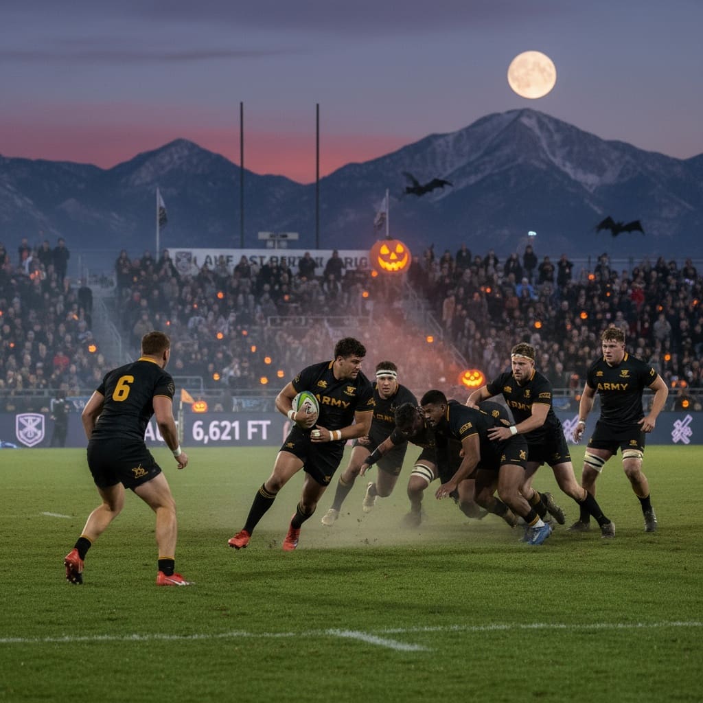 Army West Point Black Knights rugby player in black and gold uniform carries ball during intense game action in 52-7 Halloween victory over Air Force at USAF Academy in Colorado Springs at 6621 feet elevation