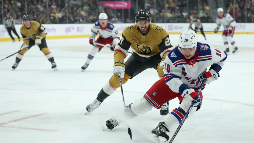 11/18/2025 T-Mobile Arena, Las Vegas, NV., Artemi Panarin skates with the puck. Mandatory Credit: New York Rangers