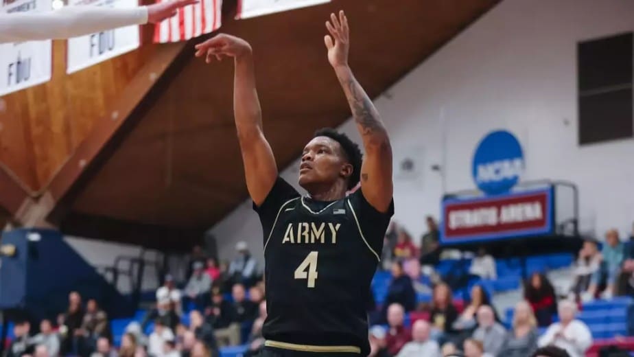 Sophomore Jaxson Bell of Army West Point concentrates at the free-throw line during the Black Knights' 81-73 victory over Fairleigh Dickinson in the FDU Thanksgiving Classic on November 26, 2025, at Bogota Savings Bank Center in Hackensack, New Jersey