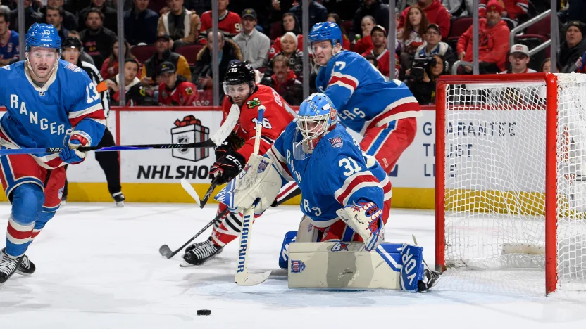 12/10/2025 United Center, Chicago, IL., Igor Shesterkin in net for the Rangers. Mandatory Credit: New York Rangers