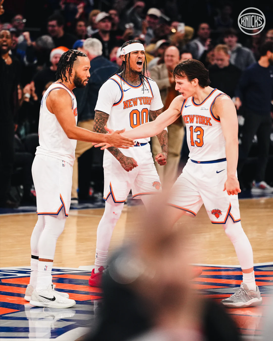 12/25/2025 Madison Square garden, New York, NY., Tyler Kolek, JAlen Brunson and Jordan Clarkson celebrate a big basket Mandatory Credit: New York Knicks