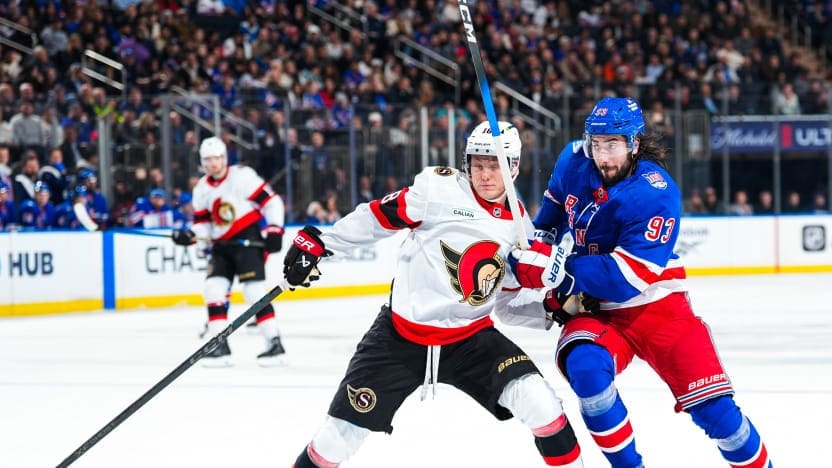 1/14/2026 Madison Square Garden, New York, NY., Mika Zibanejad is defended by a Senators Player Mandatory credit: New York Rangers