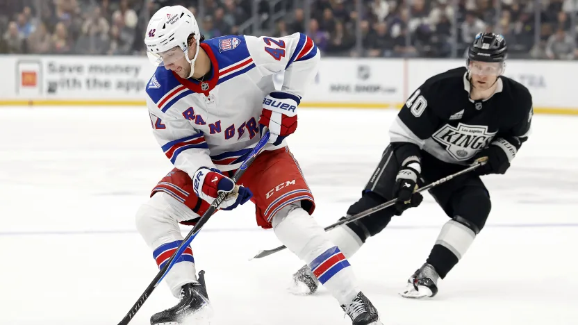 1/20/2026 Crypto.com Arena, Los Angeles, CA. Noah Laba setting up a goal. Mandatory Credit: New York Rangers.