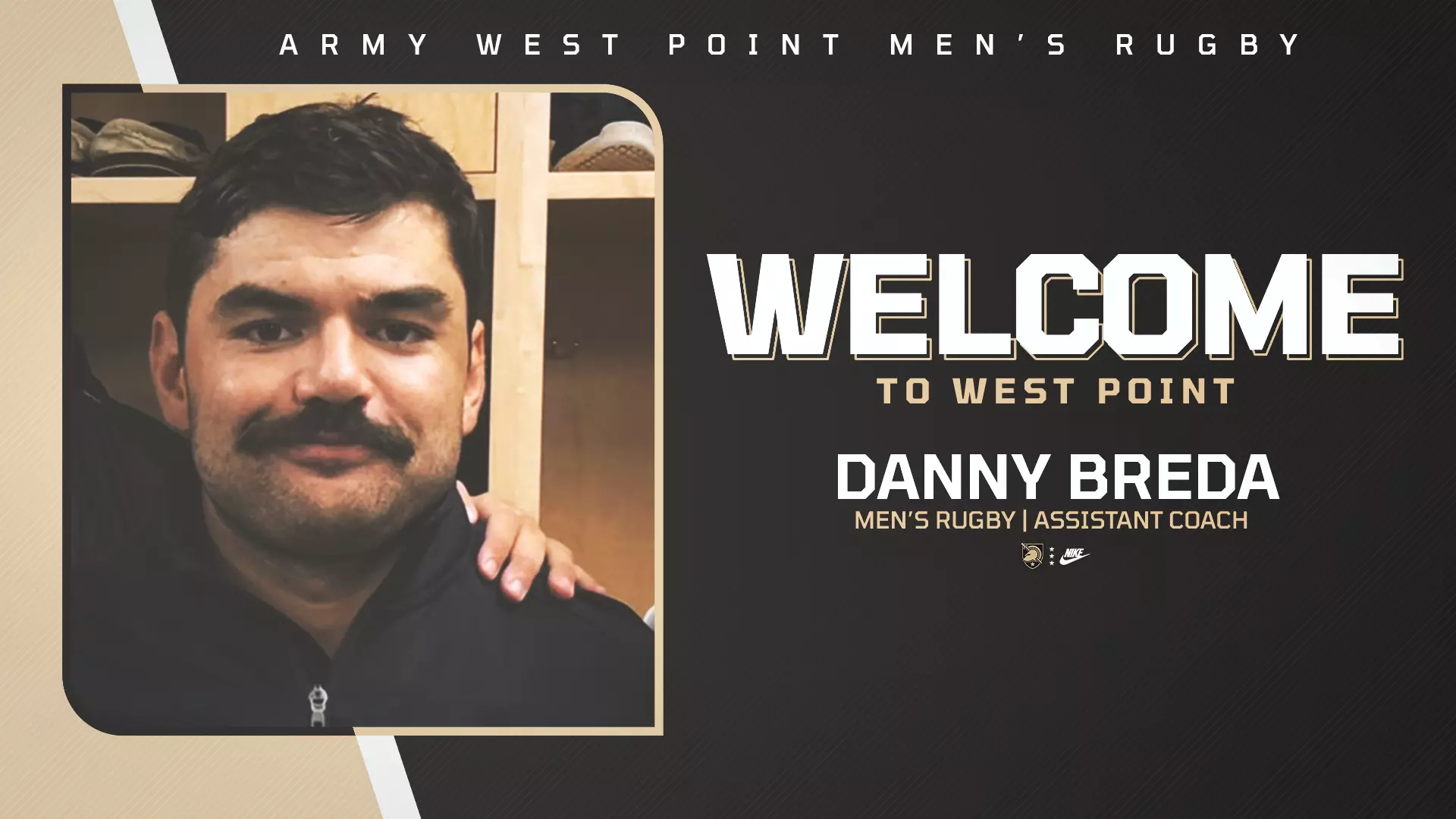 Portrait of Danny Breda, Army West Point Men’s Rugby’s newest assistant coach, with a “Welcome to West Point” graphic. Mandatory Credit: Army Athletics