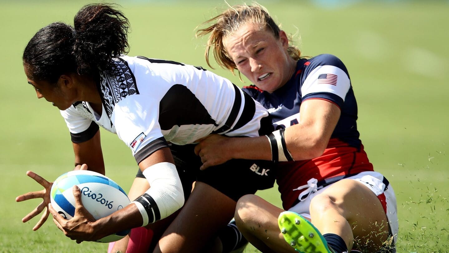 USA Women's Rugby 7's defeats Fiji 15-7 in Cape Town, South Africa.