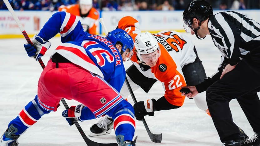 2/26/2026 Madison Square Garden, New York, NY., Vincent Trocheck wins a faceoff. Mandatory Credit: New York Rangers