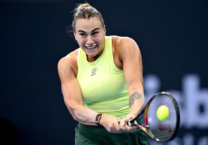 Aryna Sabalenka, the world No. 1 Belarusian tennis player, in action during a WTA singles match.