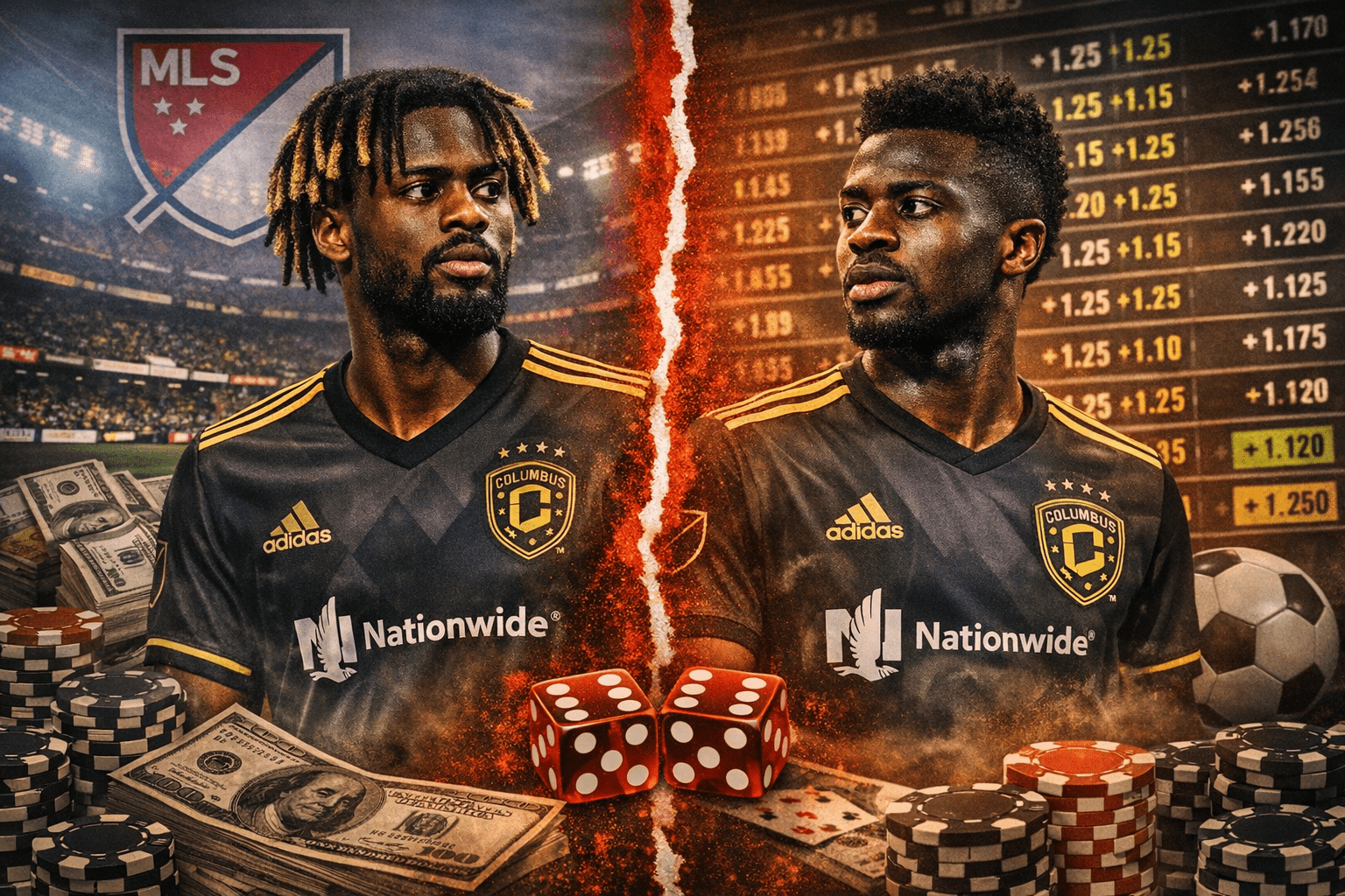 Derrick Jones and Yaw Yeboah in Columbus Crew jerseys, split by a red tear with gambling symbols in the background.