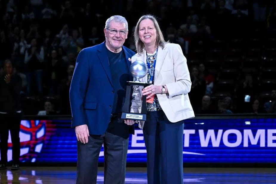 Geno Auriemma stands courtside during UConn’s Big East quarterfinal matchup against Georgetown, focused as he coaches the Huskies at Mohegan Sun Arena. Mandatory Credit: Simon Asher/University of Connecticut Athletics.