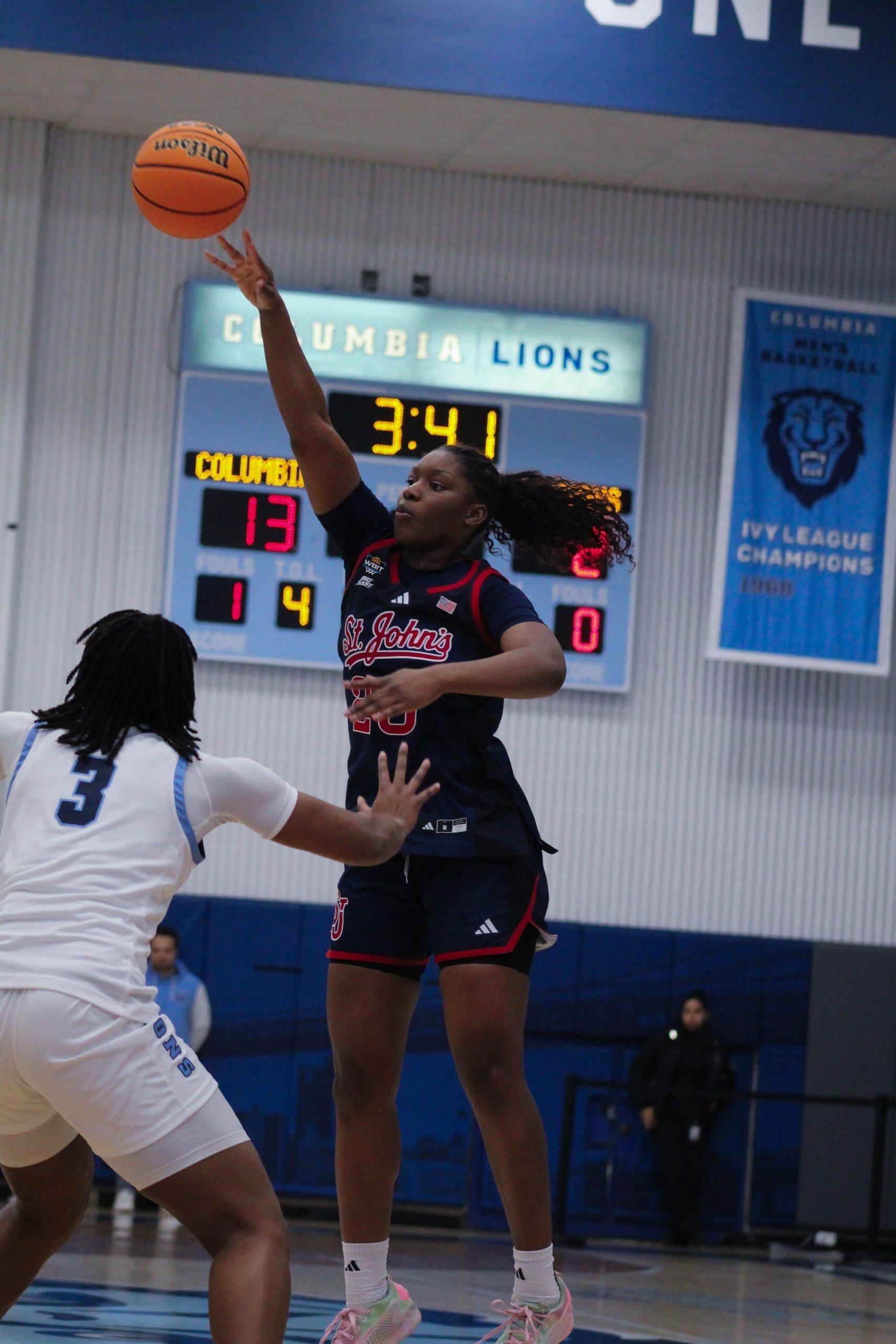 St. John’s forward Sa’Mya Wyatt elevates for a jumper in the paint during a game against Columbia.