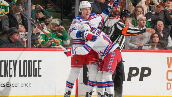 3/14/2026 Grand Casino Arena, St. Paul, MN., Jaroslav Chmelar scores his 2nd NHL Goal. Mandatory Credit: New York Rangers