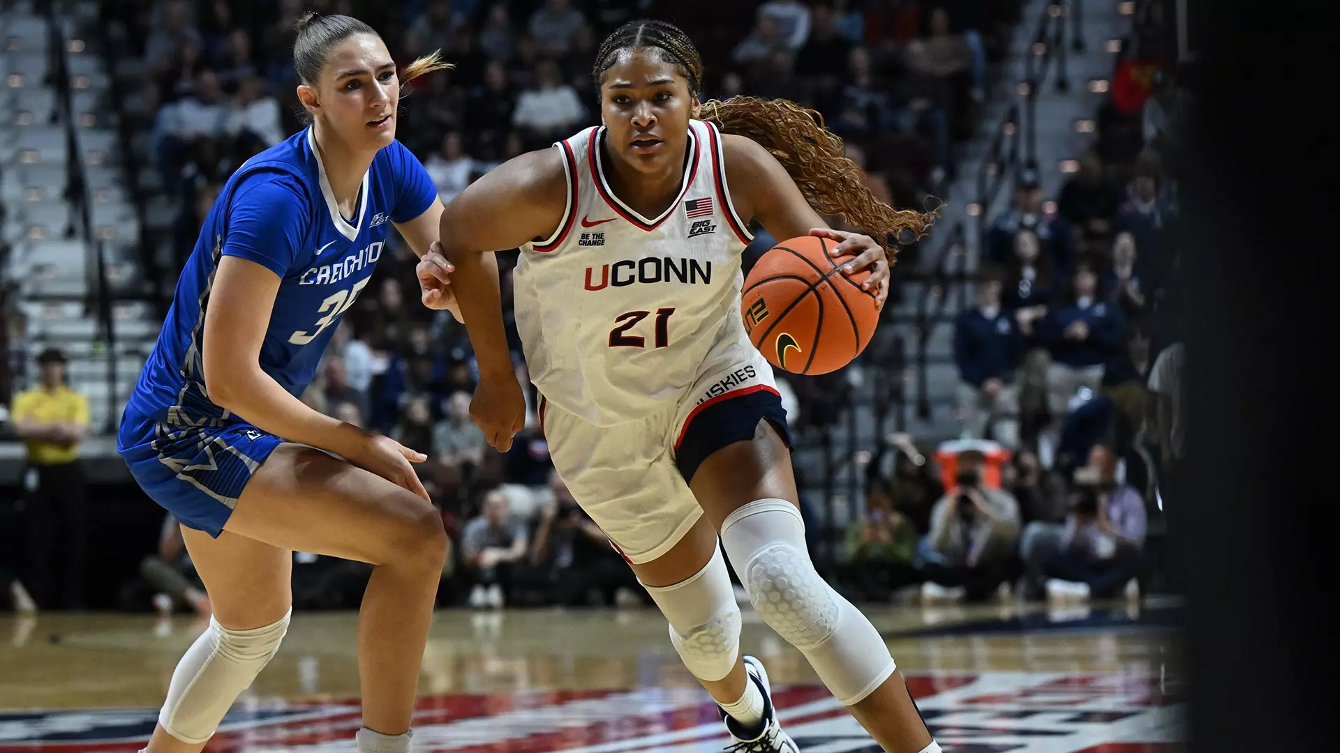UConn forward Sarah Strong drives hard to the basket after one of her six steals against Creighton, part of a dominant sophomore performance.
