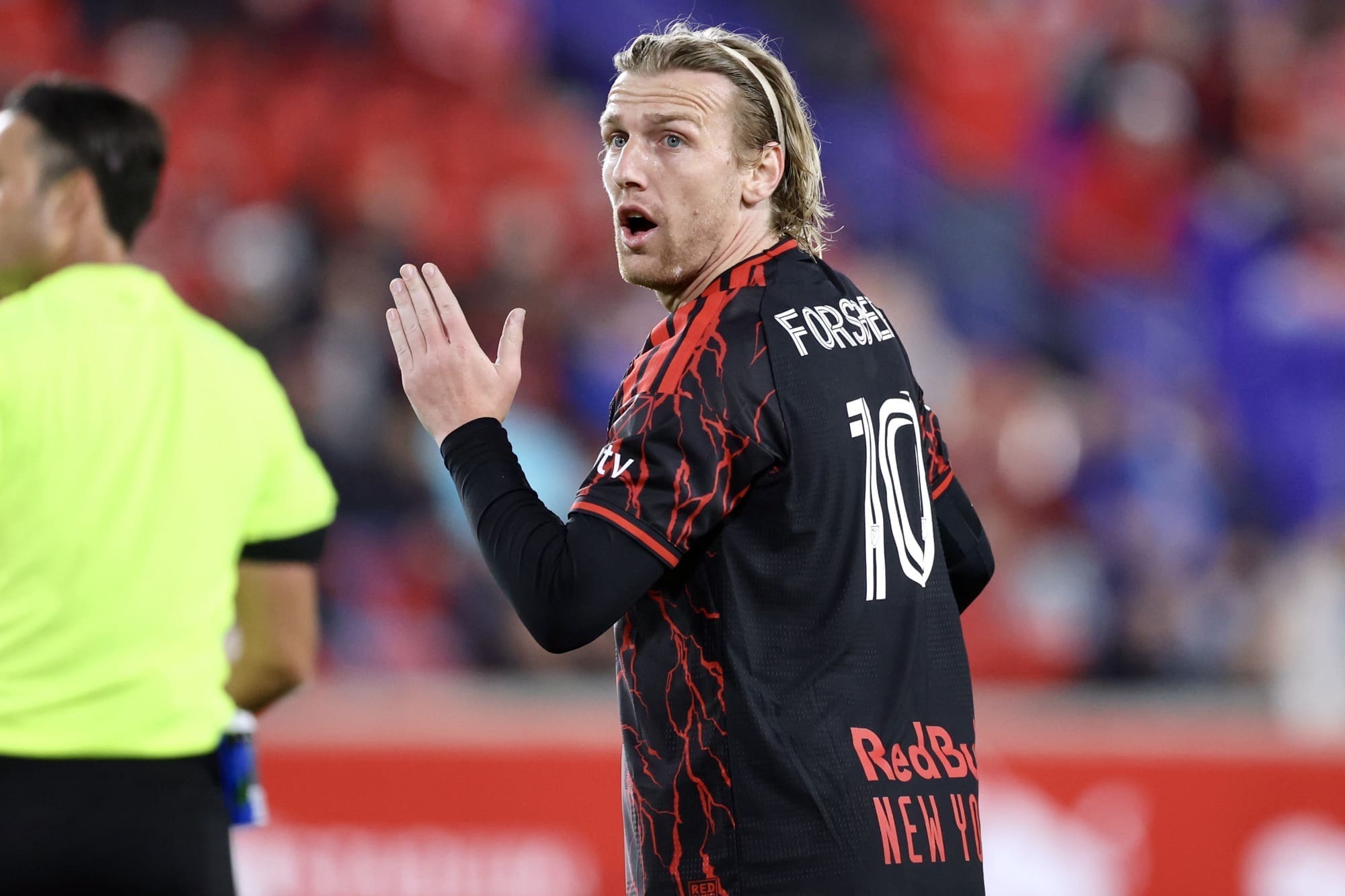 April 22, 2026 Harrison, New Jersey, USA: Emil Forsberg (#10, Midfielder) of the New York Red Bulls reacts following a referee’s call during an MLS match against D.C. United at Sports Illustrated Stadium. Mandatory Credit: Jose Pichirilo / Bad Dawg Sports