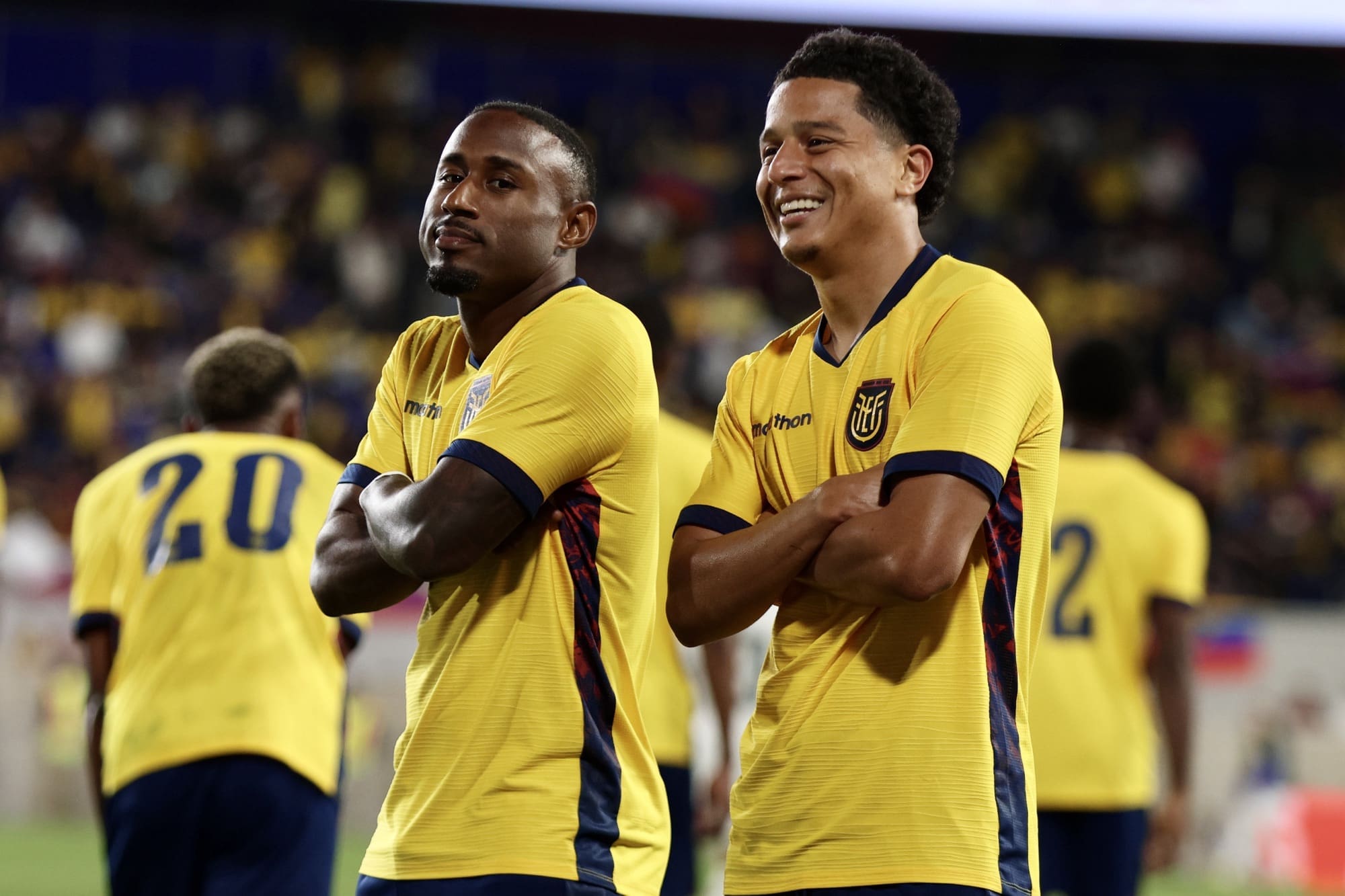 Ecuador’s Anthony Valencia and Félix Torres celebrate after Valencia’s goal put Ecuador ahead 2–0 against Saudi Arabia at Sports Illustrated Stadium.