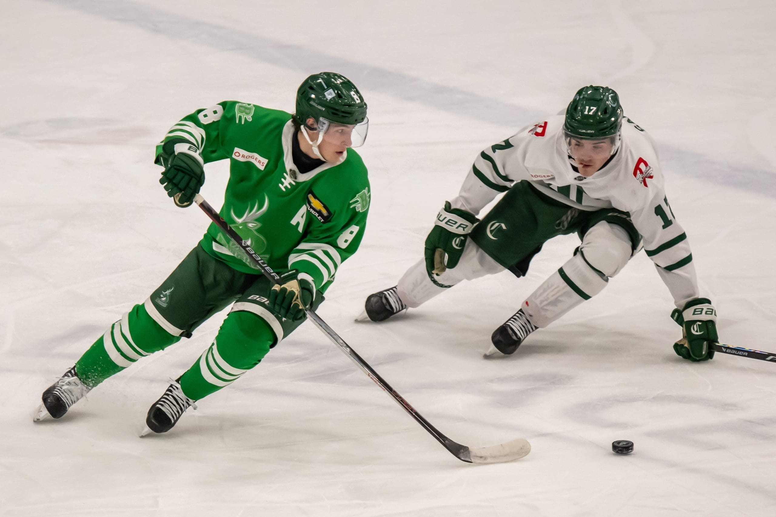 Camden Charron skating with the puck for the Cranbrook Bucks; Photo Credit: Martin Ross