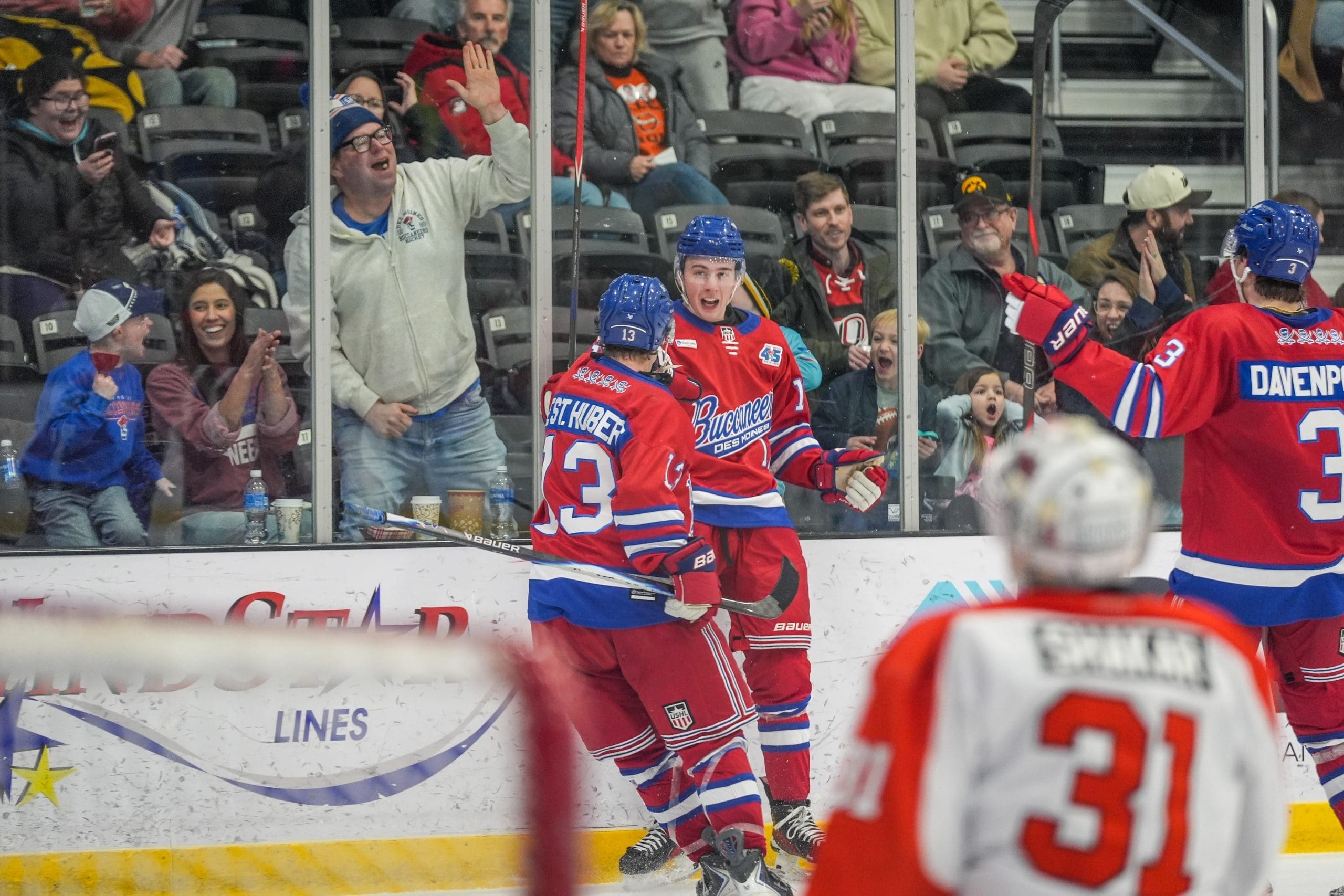 Cade De St Hubert celebrating a goal with fellow Army commit Rhys Wallin for the Des Moines Buccaneers; 02/06/26; Photo Credit: Des Moines Buccaneers