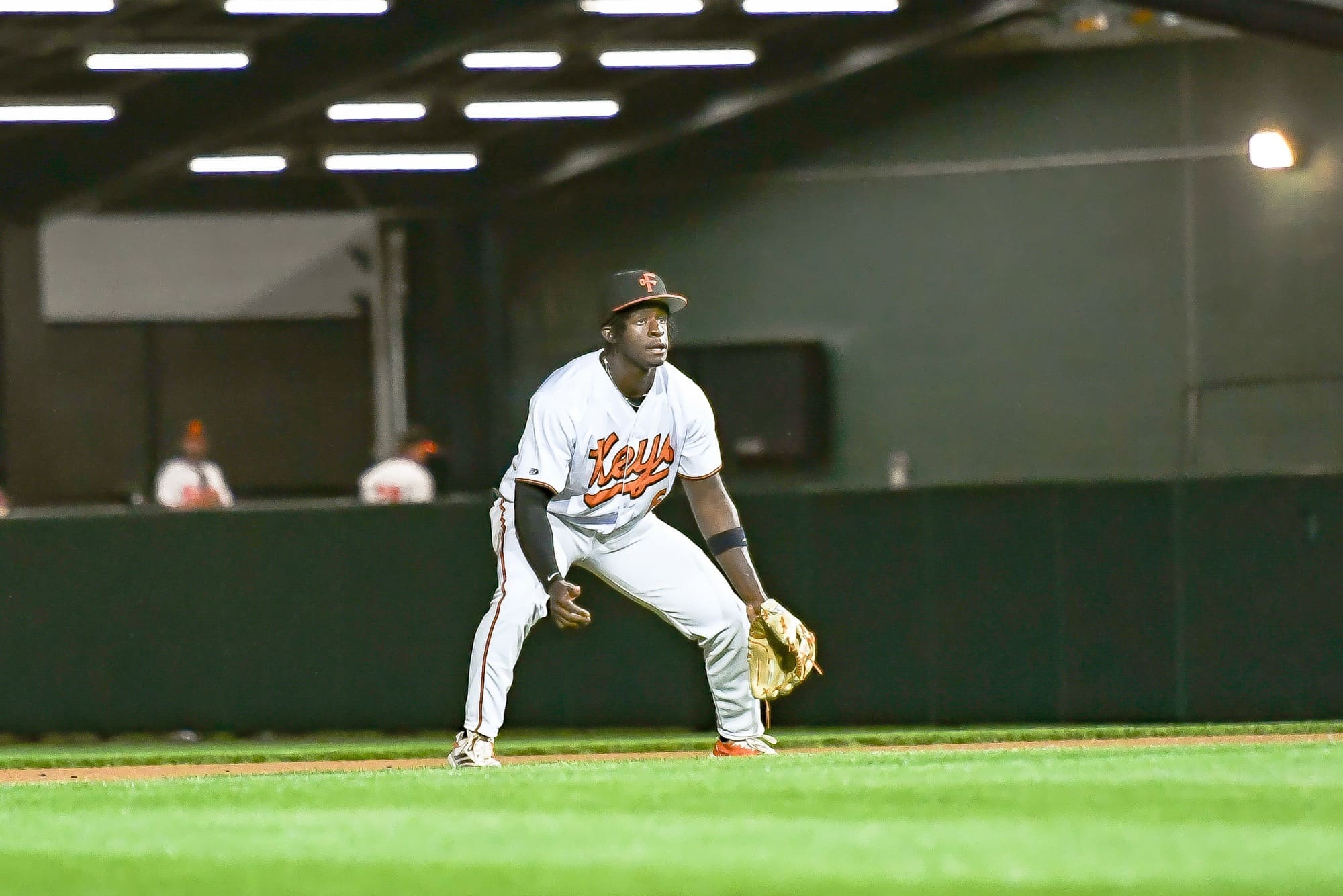 RJ Austin in his white Keys uniform playing second base.